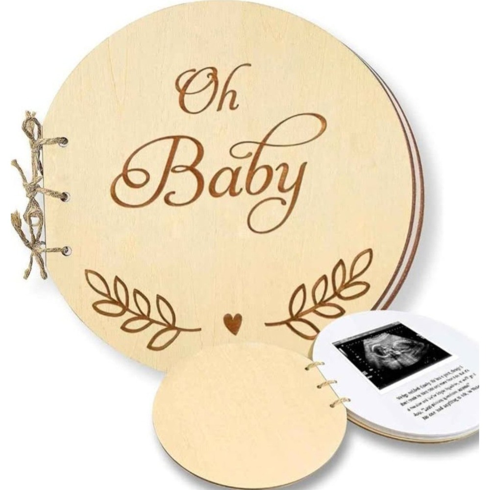 Oh Baby Wood Baby Shower Guest Book Round Engraved Wooden Scrapbook 35 Pages